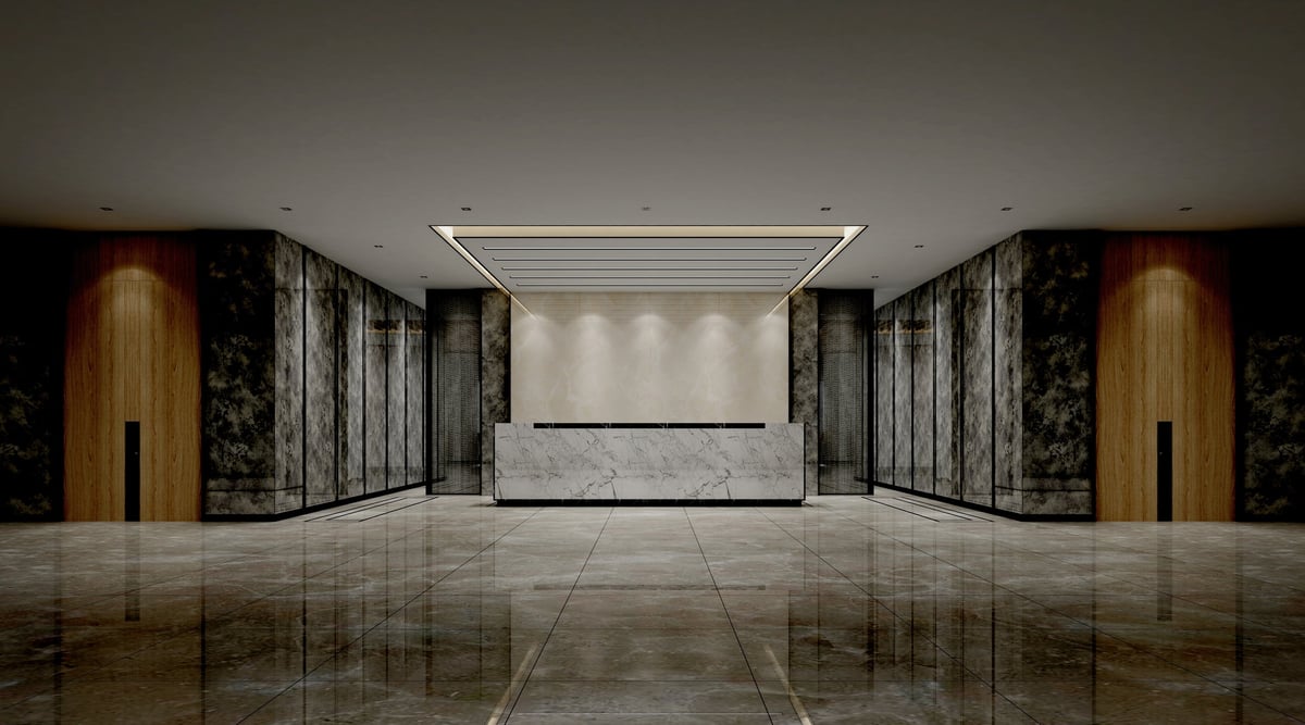 Modern hotel reception lobby with marble floors - Long Island commercial property