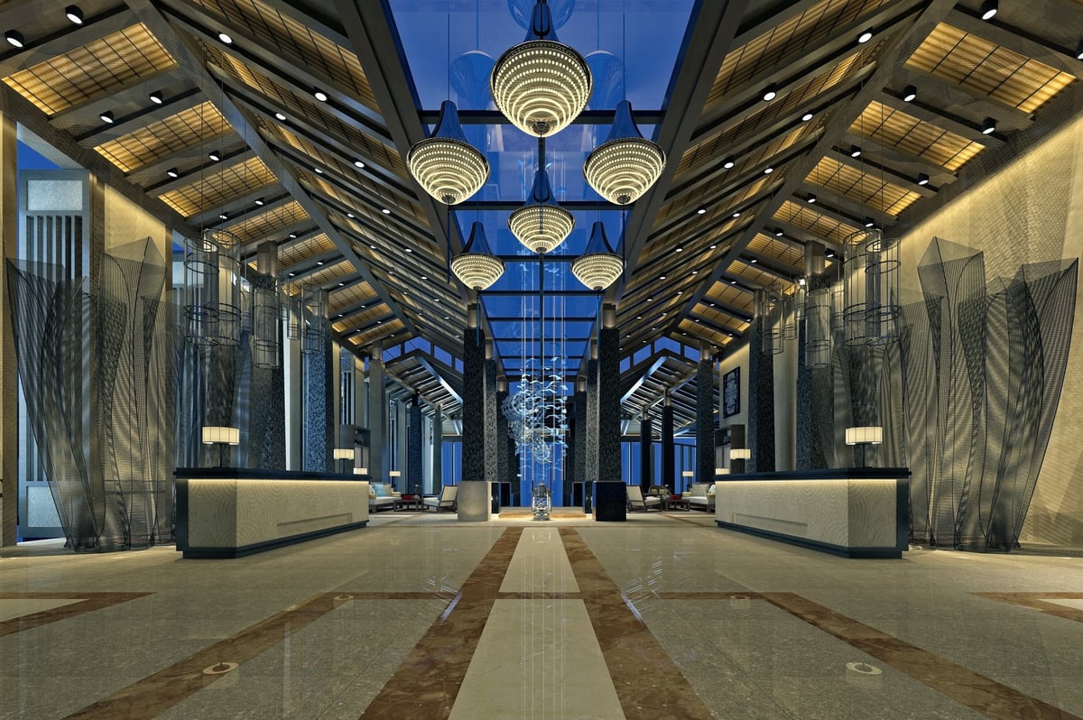 Luxury hotel lobby with polished marble floors - Long Island commercial building