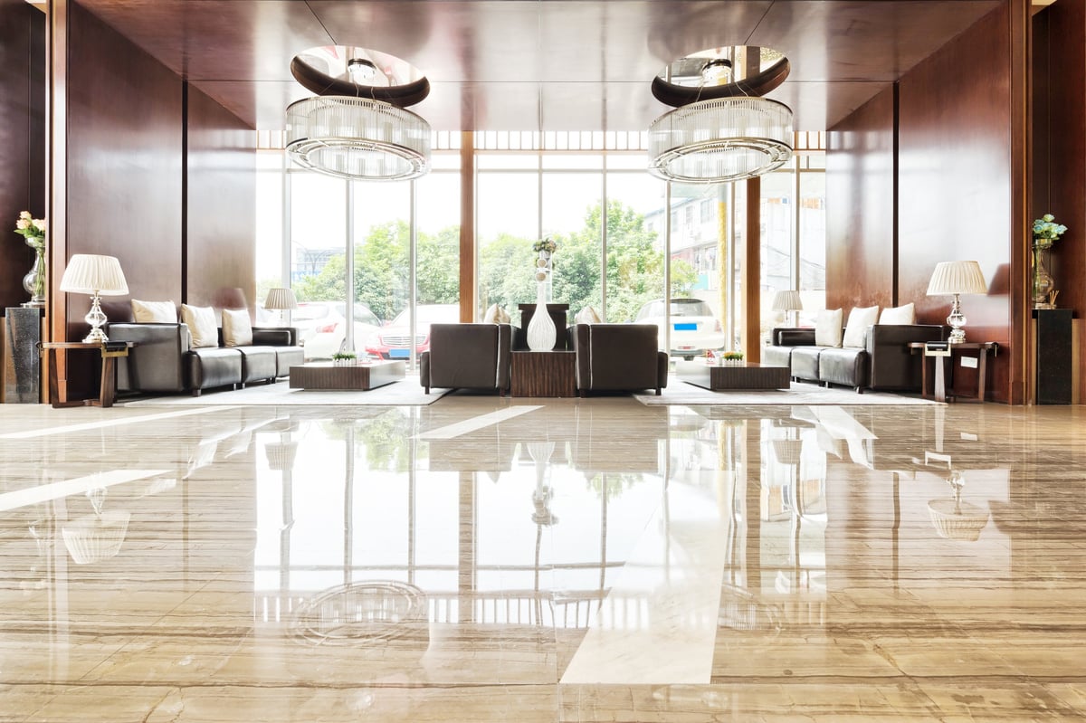 Elegant lobby interior with marble floors - luxury Long Island building