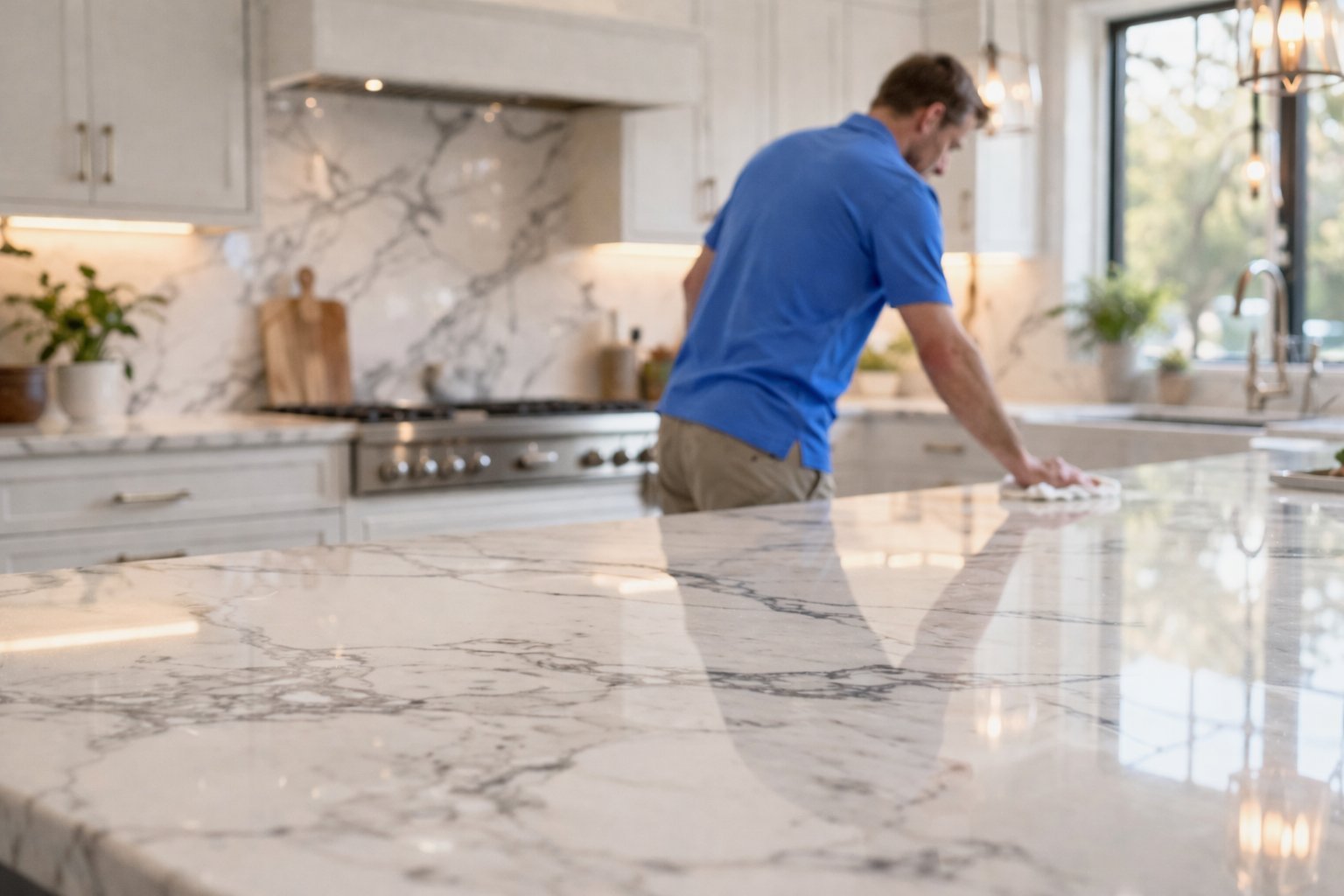 Man in blue shirt cleaning marble kitchen countertop with white cabinetry and stove in background